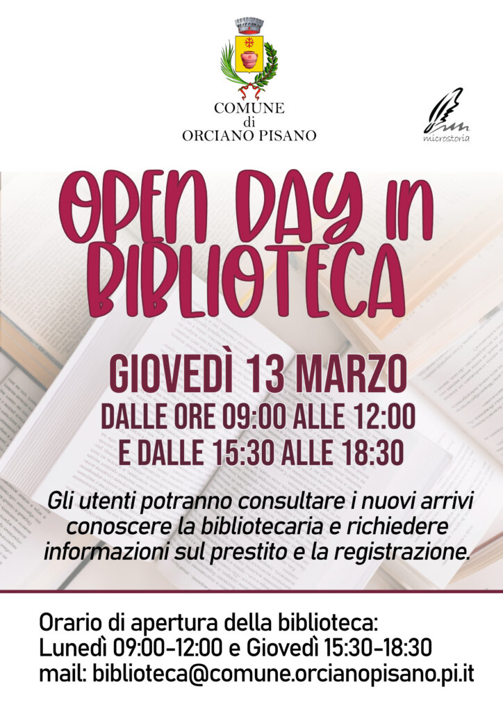open day biblioteca 13 marzo 2025 Orciano Pisano